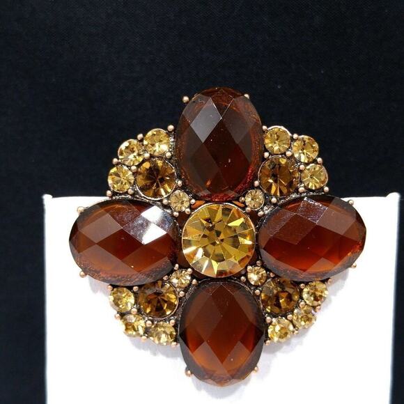 Vintage Flower Rhinestone Brooch, Topaz Faceted Glass Stones, 1990s, 1 7/8 Inch - Picture 6 of 8